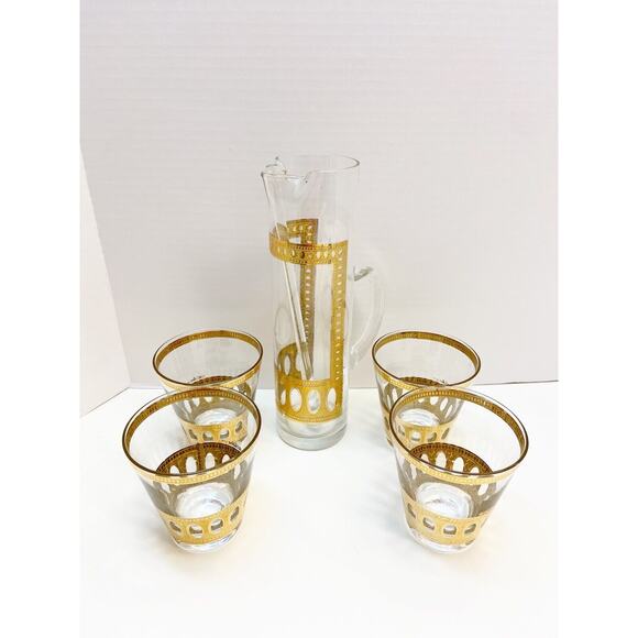 Vintage Culver LTD Antigua Pattern 22K Set of 4 Lowball Glasses & Serving Pitche - Picture 1 of 16
